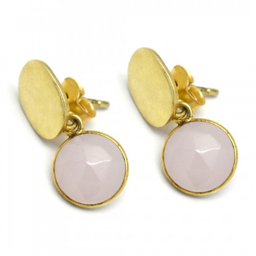 Brass Gold Plated Rose Quartz Gemstone Stud Earrings- A1E-5393