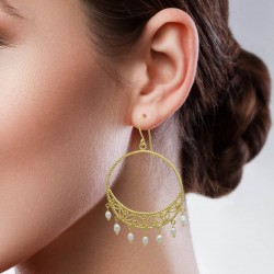 Brass Gold Plated Pearl Gemstone Dangle Earrings- A1E-5402