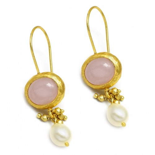 925 Sterling Silver Gold Plated Rose Quartz, Pearl Gemstone With Metal Beads Dangle Earrings- A1E-5407