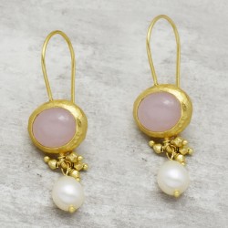 925 Sterling Silver Gold Plated Rose Quartz, Pearl Gemstone With Metal Beads Dangle Earrings- A1E-5407