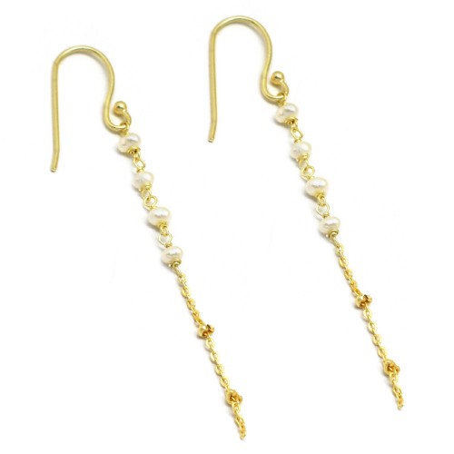 925 Sterling Silver Gold Plated Pearl Gemstone Dangle Earrings- A1E-5442
