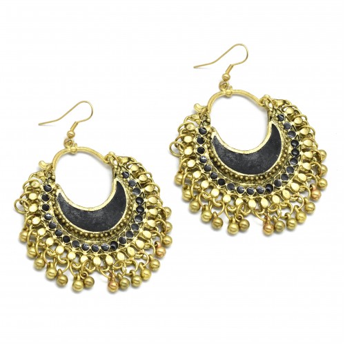 Brass Gold Oxidized Plated Black Enamel Jhumki Dangle Earrings- A1E-5529