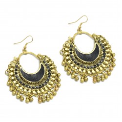 Brass Gold Oxidized Plated Black Enamel Jhumki Dangle Earrings- A1E-5529