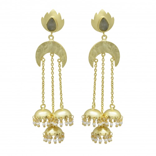 Brass Gold Plated Labradorite, Pearl Gemstone Dangle Earrings- A1E-5612