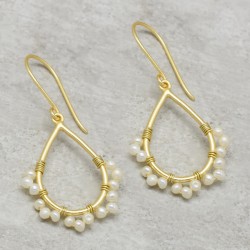 925 Sterling Silver Gold Plated Pearl Gemstone Dangle Earrings- A1E-5620