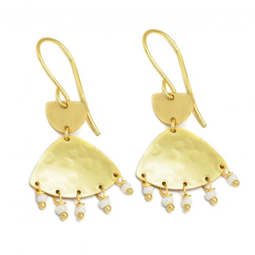 Brass Gold Plated Pearl Gemstone Dangle Earrings- A1E-5622