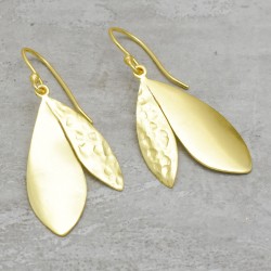 Brass Gold Plated Hammered Metal Leaf Dangle Earrings- A1E-5623