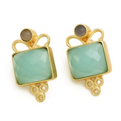 Brass Gold Plated Aqua Chalcedony, Rose Quartz Gemstone Stud Earrings- A1E-5651