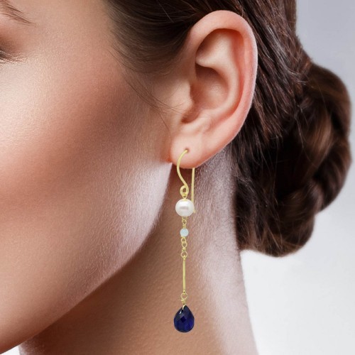 925 Sterling Silver Gold Plated Blue Sapphire, Pearl, Aqua Chalcedony Gemstone Dangle Earrings- A1E-5678