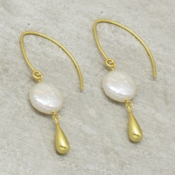 Brass Gold Plated Pearl Gemstone Dangle Earrings- A1E-5681