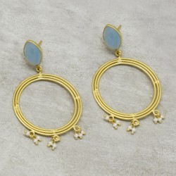 925 Sterling Silver Gold Plated Aqua Chalcedony, Pearl Gemstone Stud Earrings- A1E-5685