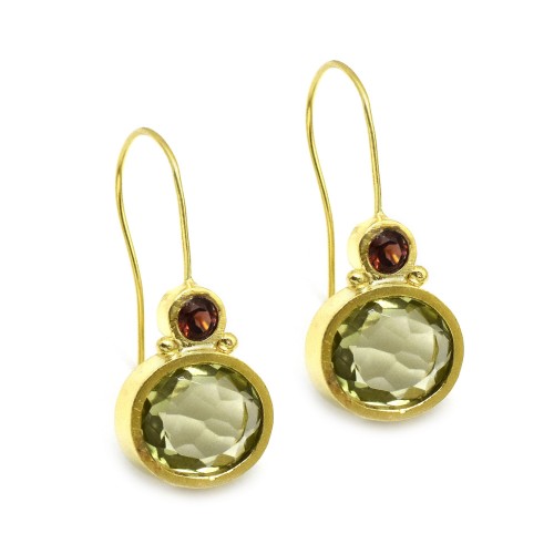 Brass Gold Plated Garnet, Green Amethyst Gemstone Dangle Earrings- A1E-5800