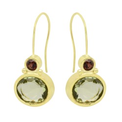 925 Sterling Silver Gold Plated Garnet, Green Amethyst Gemstone Dangle Earrings- A1E-5800