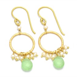 Brass Gold Plated Pearl, Green Chalcedony Gemstone Dangle Earrings- A1E-5852