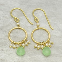 Brass Gold Plated Pearl, Green Chalcedony Gemstone Dangle Earrings- A1E-5852