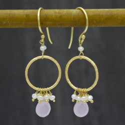 Brass Gold Plated Pearl, Rose Quartz Gemstone Dangle Earrings- A1E-5852