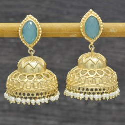 Brass Gold Plated Aqua Chalcedony, Pearl Gemstone Jhumki Stud Earrings- A1E-5920