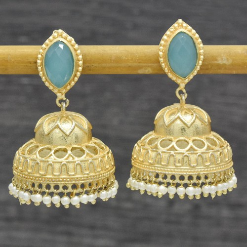 Brass Gold Plated Aqua Chalcedony, Pearl Gemstone Jhumki Stud Earrings- A1E-5920