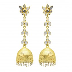 Brass Gold Plated Polki, Pearl Gemstone Jhumki Stud Earrings- A1E-5921