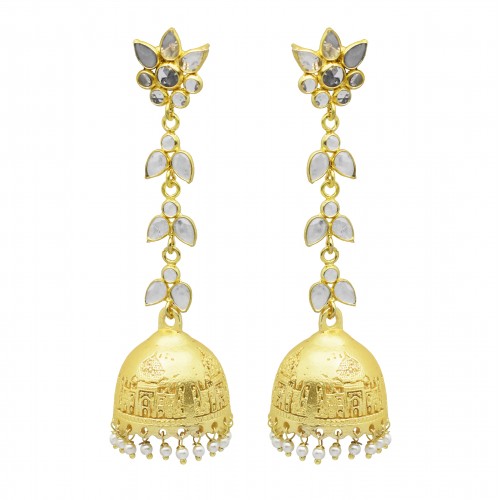 Brass Gold Plated Polki, Pearl Gemstone Jhumki Stud Earrings- A1E-5921