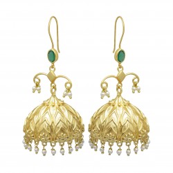 Brass Gold Plated Green Onyx, Pearl Gemstone Jhumki Dangle Earrings- A1E-5923