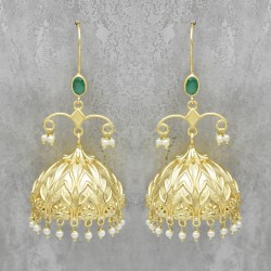 Brass Gold Plated Green Onyx, Pearl Gemstone Jhumki Dangle Earrings- A1E-5923