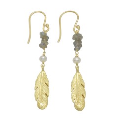 Brass Gold Plated Pearl, Labradorite Gemstone Dangle Earrings- A1E-5956