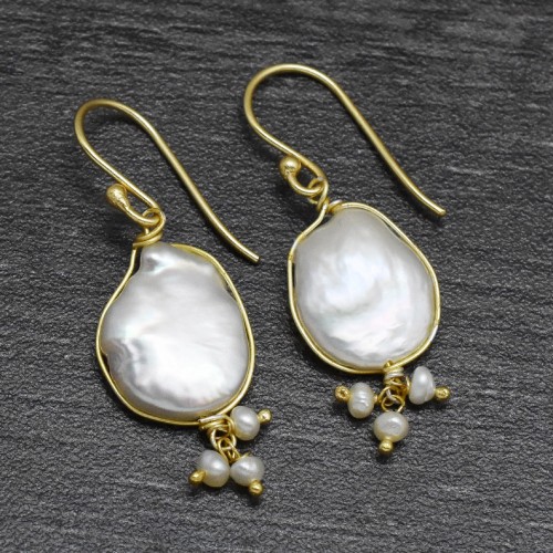 Brass Gold Plated Pearl Gemstone Dangle Earrings- A1E-5957