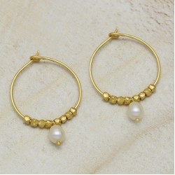 Brass Gold Plated Pearl And Metal Beads Hoop Earrings- A1E-664