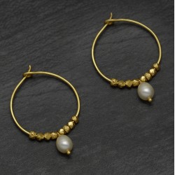 Brass Gold Plated Pearl And Metal Beads Hoop Earrings- A1E-664