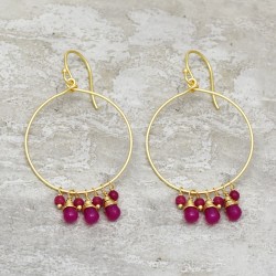 Brass Gold Plated Pink Quartz, Turquoise, Gemstone Dangle Earrings- A1E-701