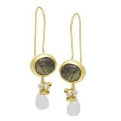 925 Sterling Silver Gold Plated Aqua Chalcedony, Rainbow, Pearl, Labradorite Gemstone Dangle Earrings- A1E-703