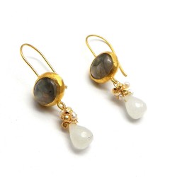 925 Sterling Silver Gold Plated Aqua Chalcedony, Rainbow, Pearl, Labradorite Gemstone Dangle Earrings- A1E-703