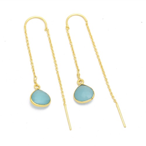 Brass Gold Plated Aqua Chalcedony Gemstone Dangle Earrings- A1E-769