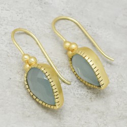 925 Sterling Silver Gold Plated Aqua Chalcedony Gemstone Dangle Earrings- A1E-8020