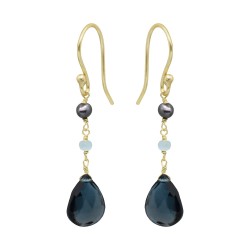 925 Sterling Silver Gold Plated London Blue Topaz, Blue Pearl, Aqua Chalcedony Gemstone Dangle Earrings- A1E-8069