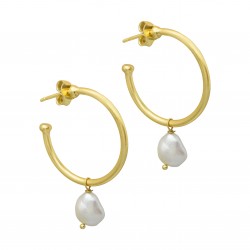 925 Sterling Silver Gold Plated Pearl Gemstone Round Stud Earrings- A1E-8126