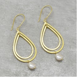 925 Sterling Silver Gold Plated Pearl Gemstone Dangle Earrings- A1E-8132