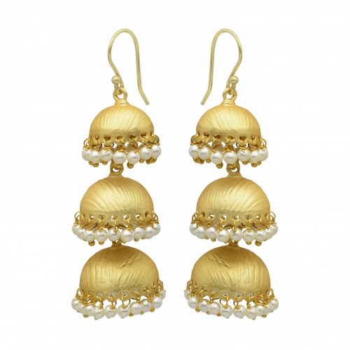 Brass Gold Plated Pearl Gemstone Jhumki Earrings- A1E-8167