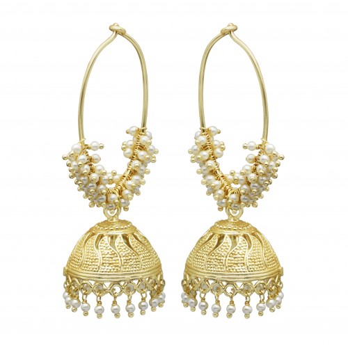 Brass Gold Plated Pearl Gemstone Jhumki Earrings- A1E-8188