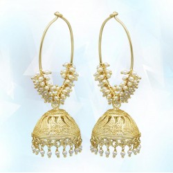 Brass Gold Plated Pearl Gemstone Jhumki Earrings- A1E-8188