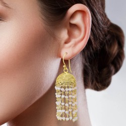 Brass Gold Plated Rose Quartz Gemstone Jhumki Dangle Earrings- A1E-8190