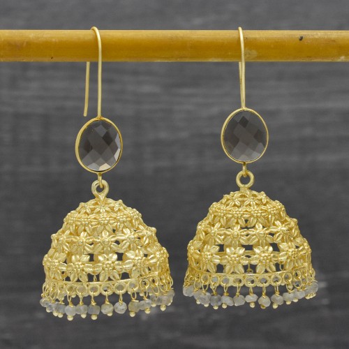 Brass Gold Plated Smoky, Labradorite Gemstone Dangle Jhumki Earrings- A1E-8196
