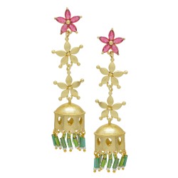 Brass Gold Plated Pink Tourmaline, Green Pipe, Pearl Gemstone Stud Earrings- A1E-8247