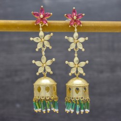 Brass Gold Plated Pink Tourmaline, Green Pipe, Pearl Gemstone Stud Earrings- A1E-8247