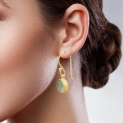 Brass Gold Plated Aqua Chalcedony, Rose Quartz Gemstone Dangle Earrings- A1E-830
