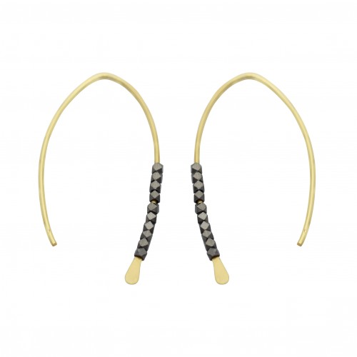 Brass Gold Plated Hoops With Black Rhodium Plated Metal Beads Earrings- A1E-8316