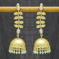 Brass Gold Plated Pearl, Green Chalcedony Gemstone Jhumki Stud Earrings- A1E-8459