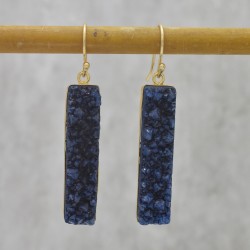 Brass Gold Plated Dark Blue Druzy Gemstone Dangle Earrings- A1E-846