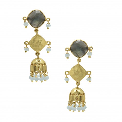 Brass Gold Plated Labradorite, Aqua Chalcedony Gemstone Stud Earrings- A1E-8487